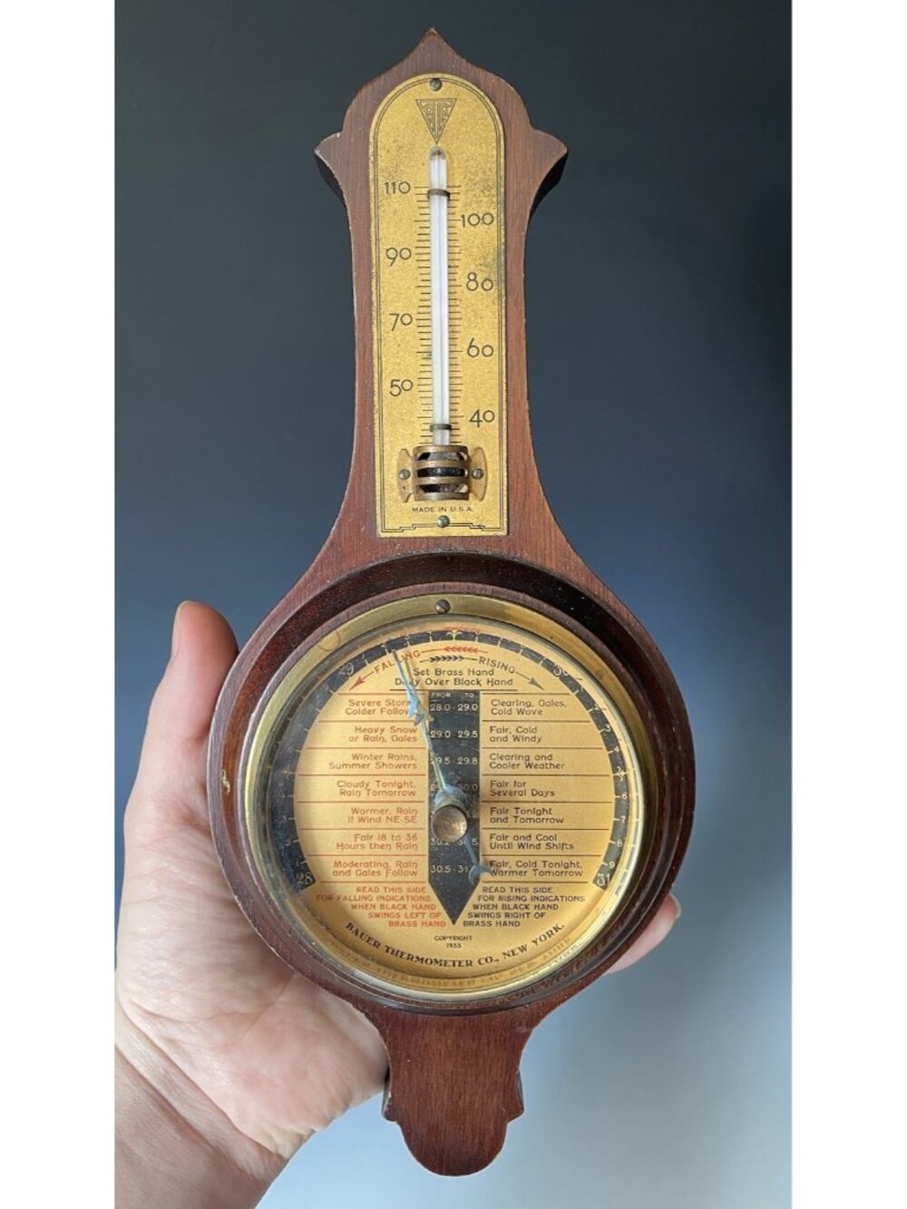 Antique 1930s Art Deco Bauer Barometer Thermometer Banjo Wood Weather Station